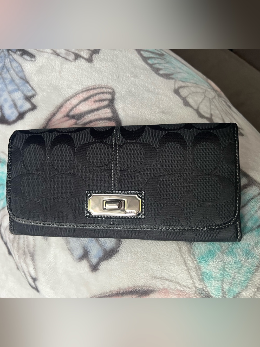 Coach Black Fabric Wallet with Silver Turnlock